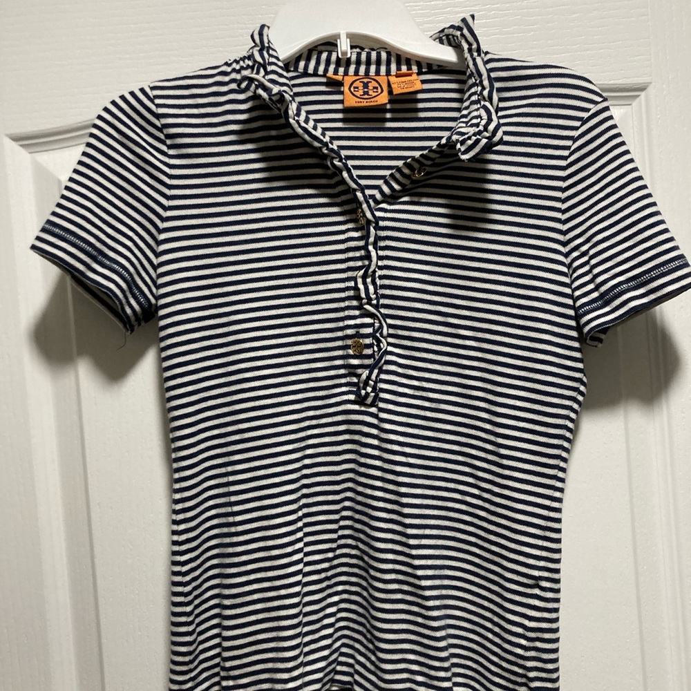 Tory Burch Navy Striped Lidia Polo Size Small